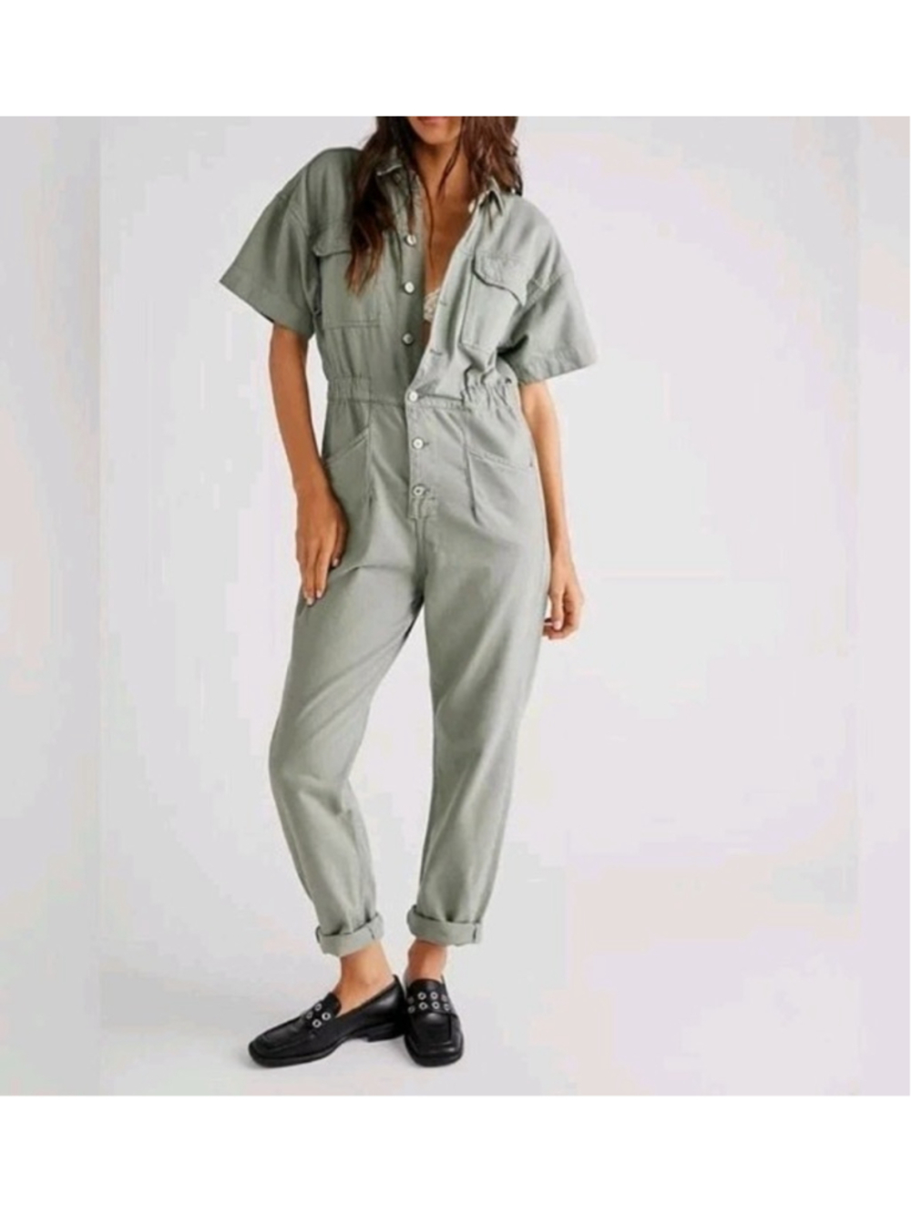 Free People We The Free Marci Jumpsuit Sz M Washed Army Green Utility NWT $128